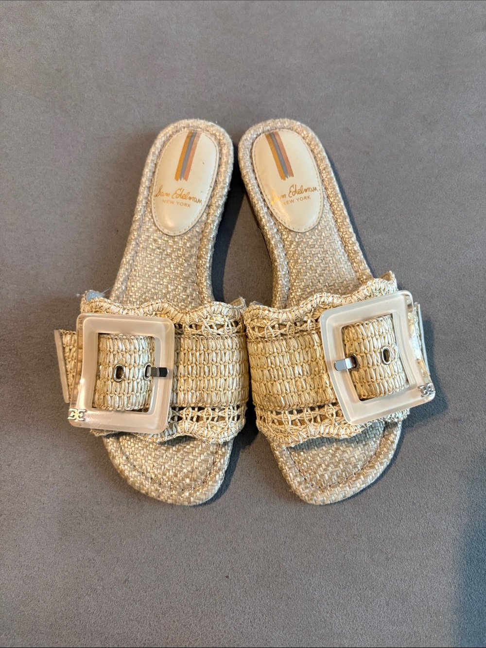 Sam Edelman Cream Braided Buckle Slide Sandals with Square Accent
